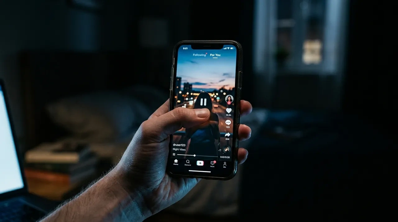 A phone held in one hand, thumb hovering above the glowing screen