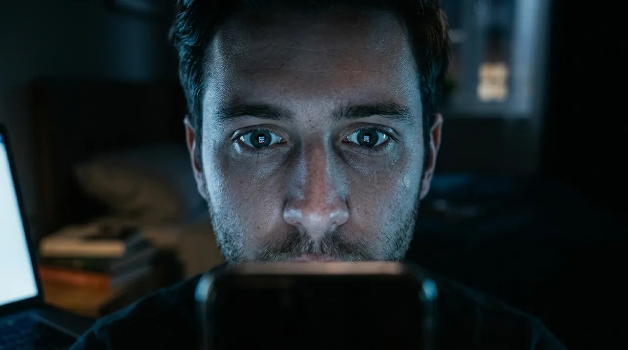 A face lit only by phone glow, eyes widened