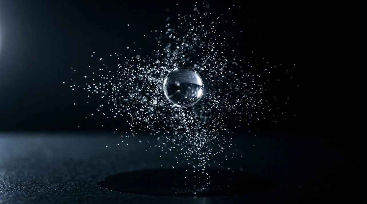A single droplet frozen in mid-air above a dark surface