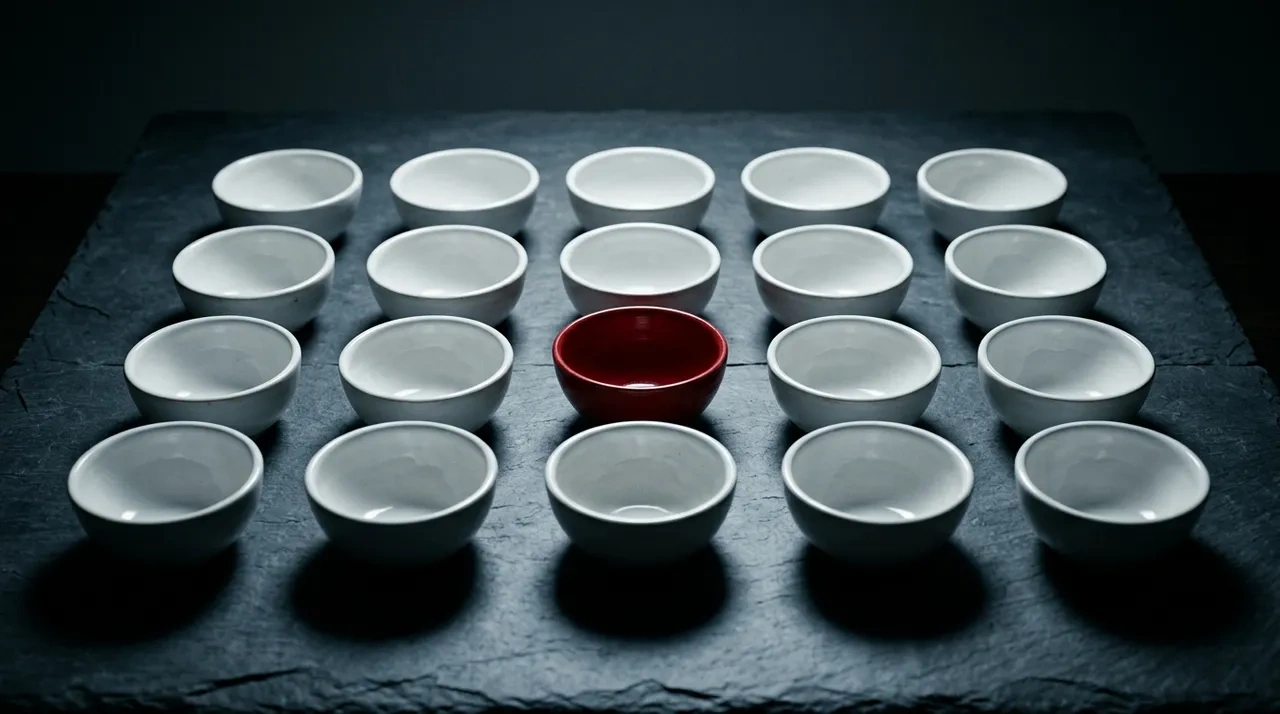 A grid of identical white bowls with one painted deep red