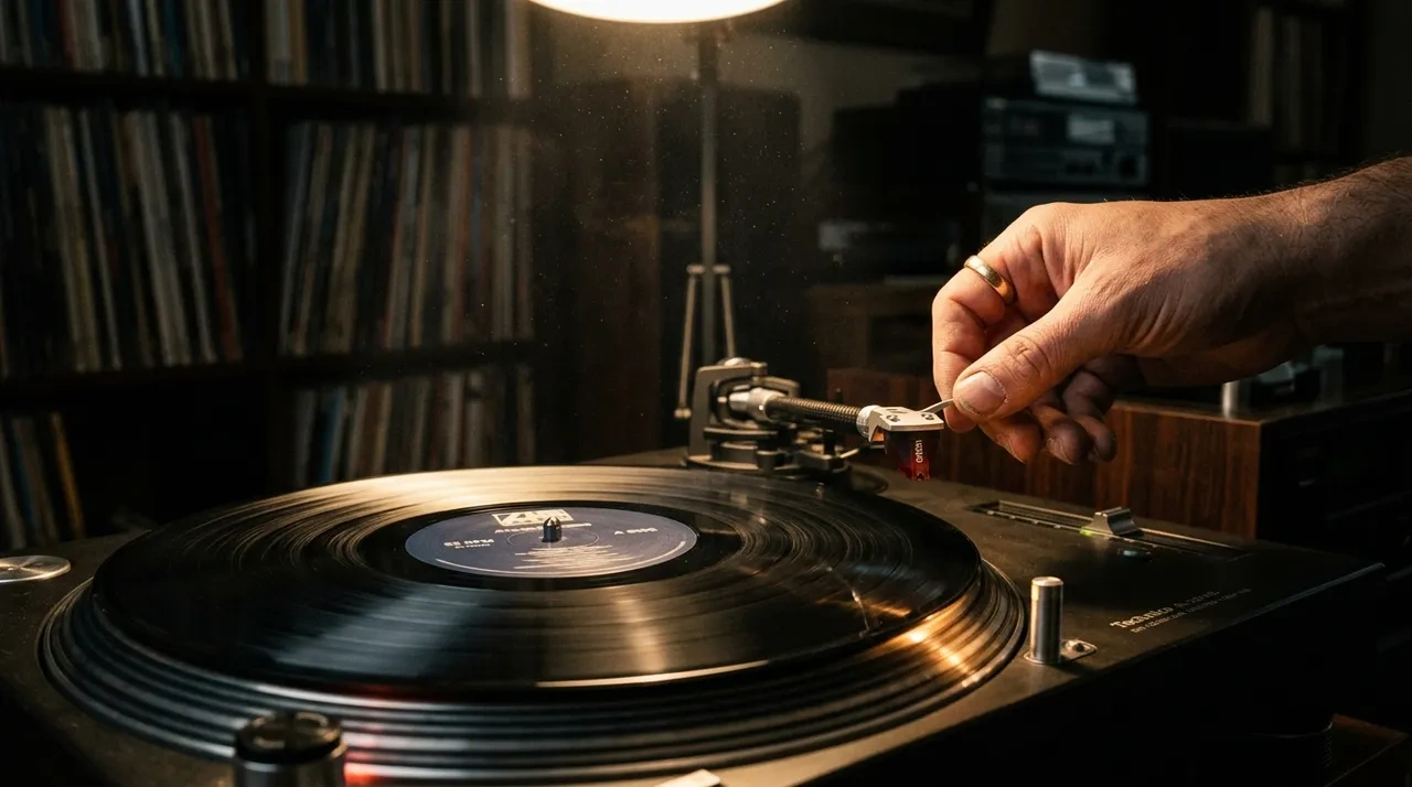 A hand lifting the tonearm off a spinning vinyl record