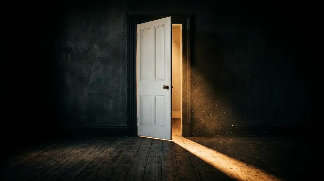 A white door left ajar in a dark room, light spilling through