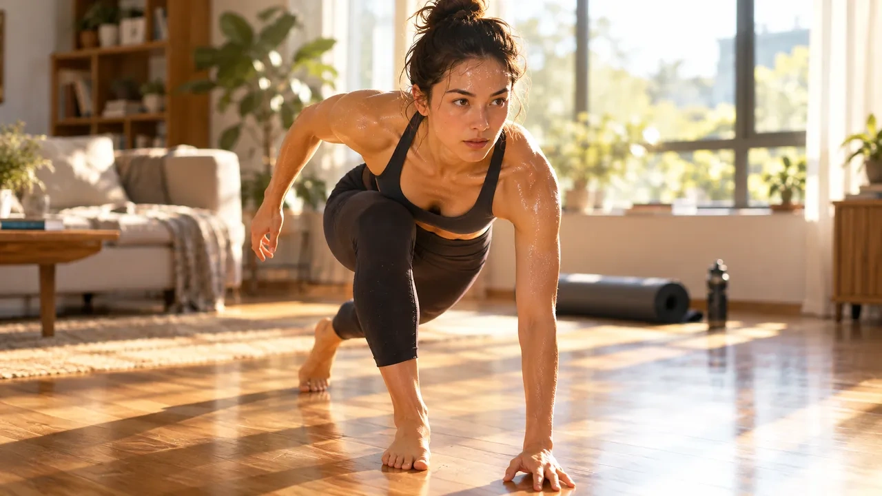 A barefoot person mid-movement on a wooden floor in a sunlit living room